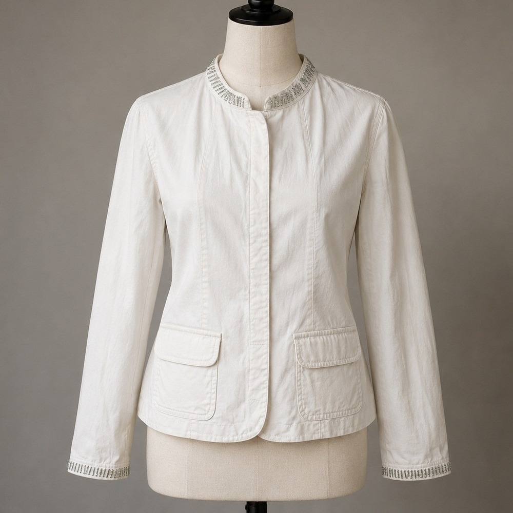 Talbots Womens Ivory Beaded Mandarin Collar Stretch Cotton Jacket Blazer Size 10